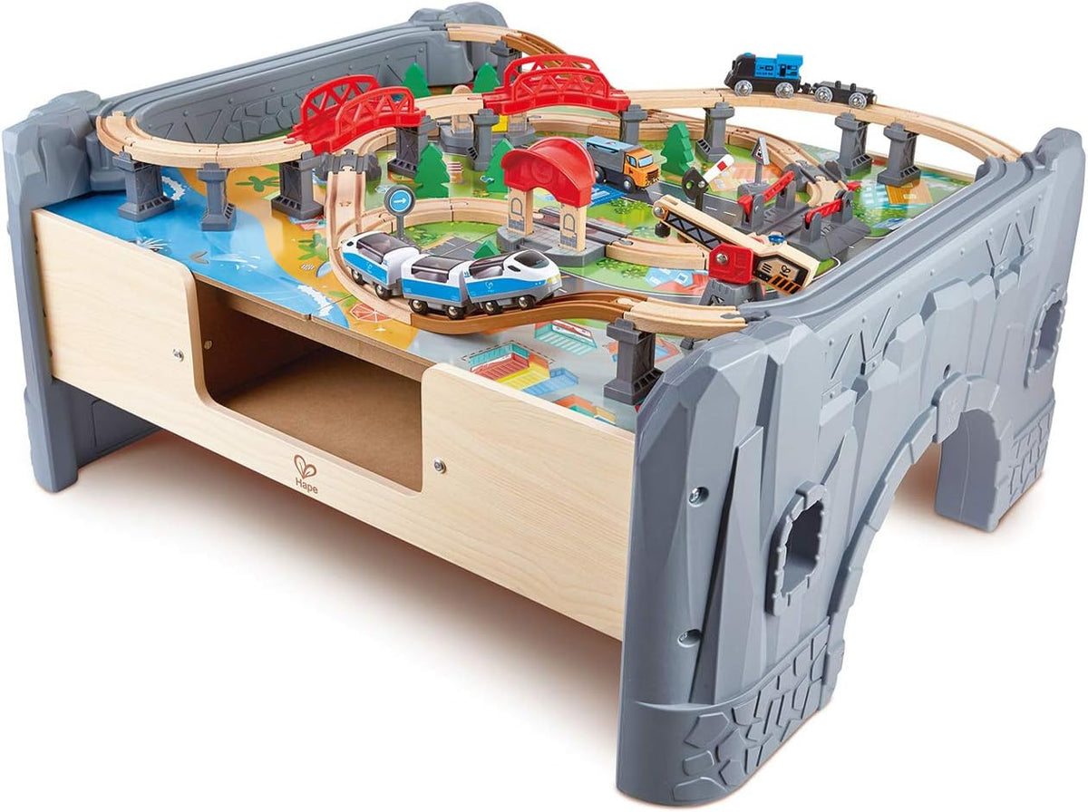 Table de train et circuit ferroviaire Hape E3766, 70 pièces, avec locomotive à piles, tapis de jeu amovible et rangement, pour enfants de 3 ans et plus