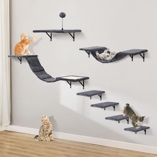 Ensemble de parcours mural pour chat avec étagères, perchoirs, pont, hamac, griffoir et balle – Meubles pour chat d'intérieur en bois, 7 pièces, pour jeu de chatons (beige)