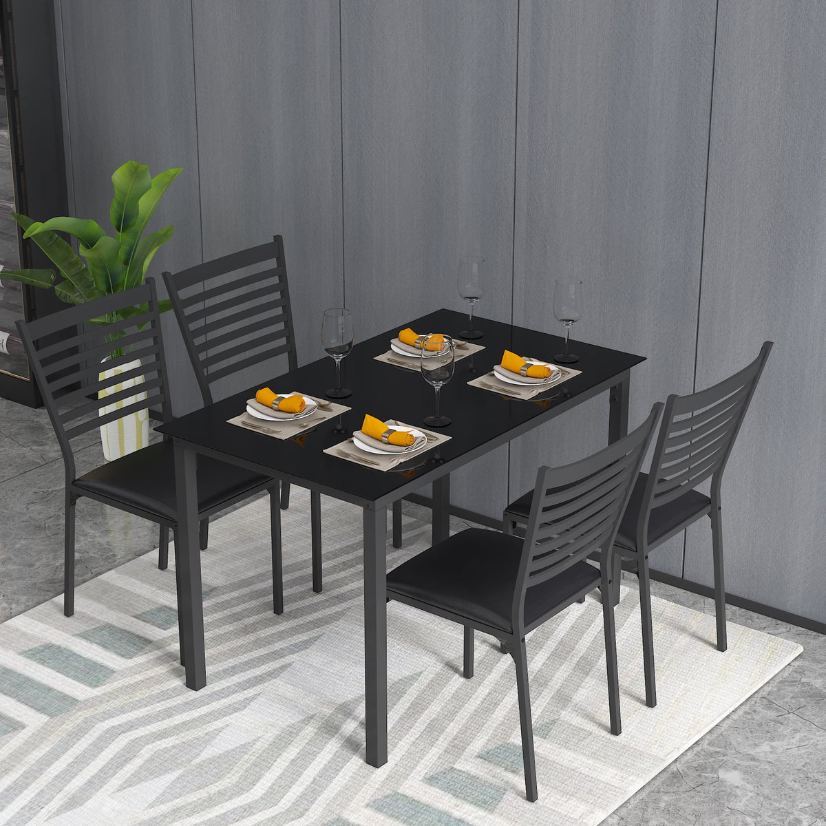 Ensemble de salle à manger 5 pièces, 1 table de cuisine et 4 chaises rembourrées, cadre en métal, plateau en verre trempé, noir