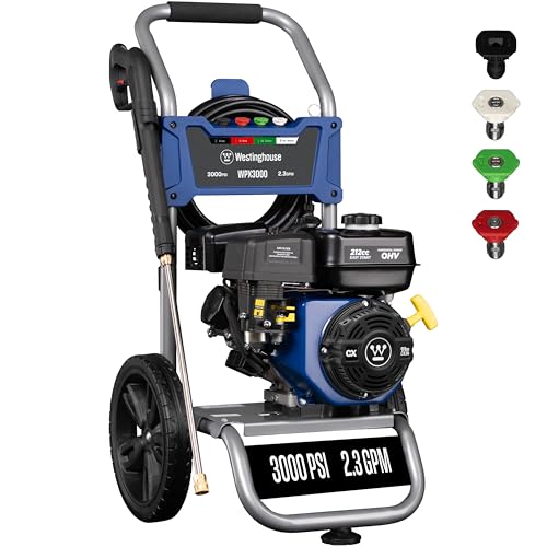 Nettoyeur haute pression à essence Westinghouse WPX3400, 3400 PSI et 2,6 GPM max, réservoir à savon intégré, pistolet et lance, ensemble de 5 buses, pour voitures/clôtures/allées/maisons/patios/meubles