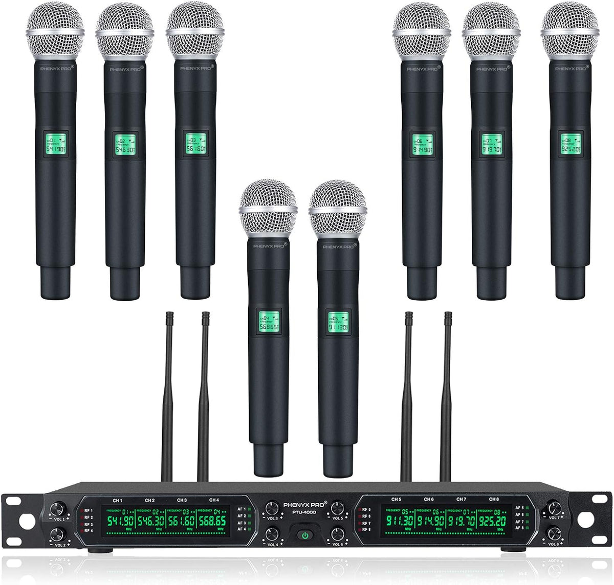 Système de microphone sans fil, ensemble de micros sans fil UHF à 8 canaux Phenyx Pro avec huit micros à main, fréquence fixe, construction entièrement métallique, longue portée de 80 mètres, idéal pour karaoké, église, événements (PTU-4000A)