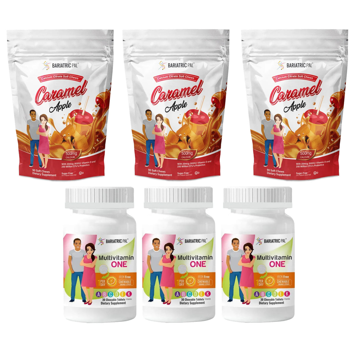 Pack de vitamines pour switch duodénal – Format à croquer : cure de 3 mois, BariatricPal Multivitamin ONE : comprimé à croquer orange-agrume – sans fer, BariatricPal Calcium Citrate Soft Chews : pomme-caramel