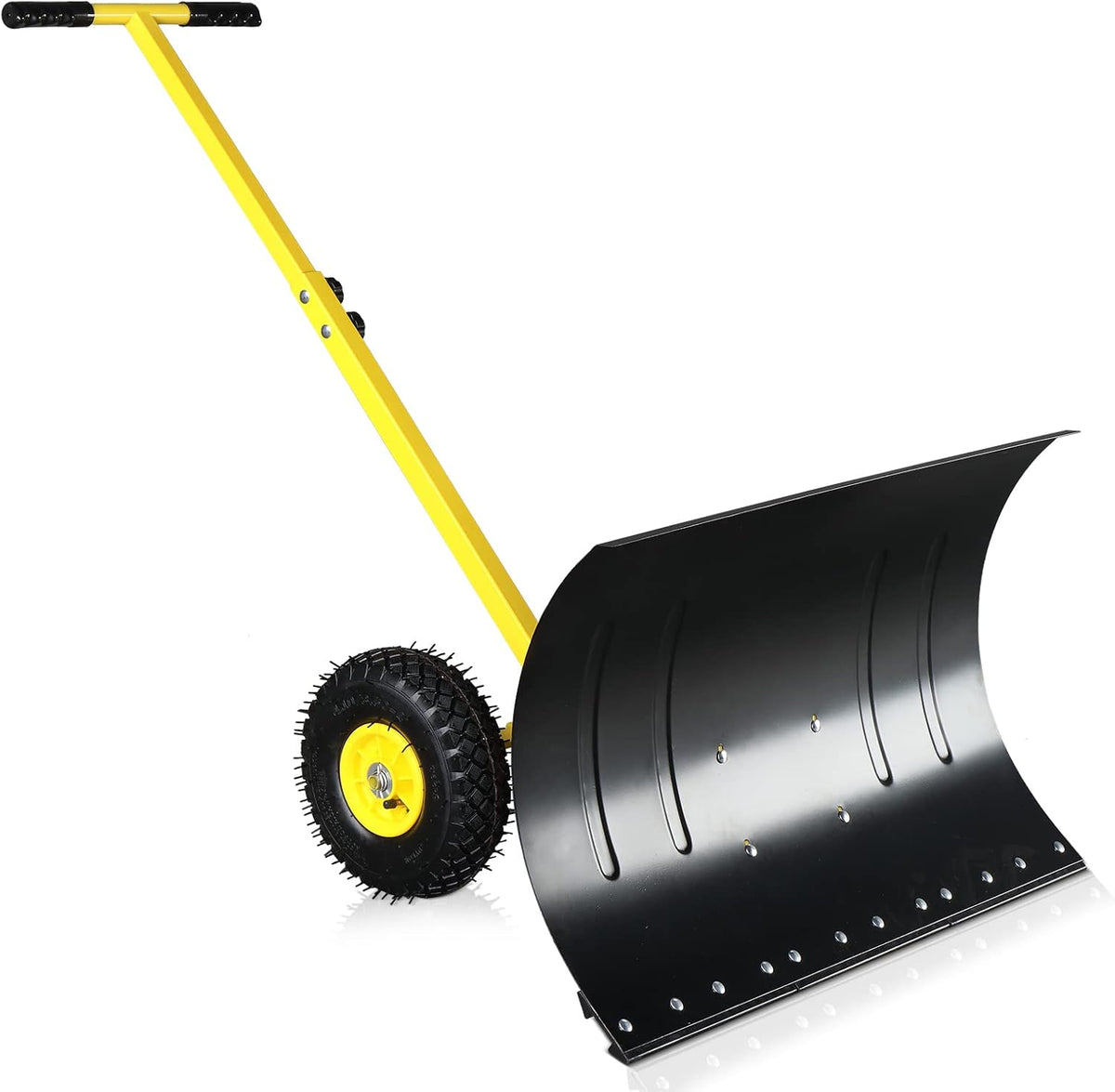 Pelle à neige avec roues Outvita, chasse-neige de 29 po de large et 18 po de long, angle et hauteur réglables, poignée rembourrée, outil de déneigement efficace pour allée ou trottoir (jaune)