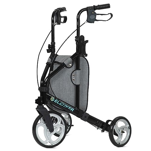 ELENKER Déambulateur à 3 roues pour seniors, rollator à 3 roues avec roues de 10 pouces, déambulateur étroit pour espaces restreints, pliable et compact, idéal pour les voyages, bleu
