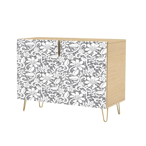 Buffet enfilade style Mid-Century, meuble de rangement de cuisine avec 2 portes, bordure ornée sans couture, style oriental, beige clair, pour console décorative, buffet de bar, salle à manger ou entrée.
