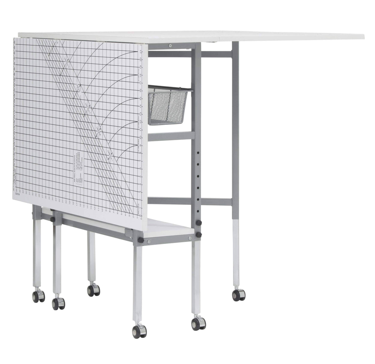 Table de découpe pour couture Sew Ready, mobile, pliable et réglable en hauteur, avec plateau à grille et rangement, coloris argent/blanc