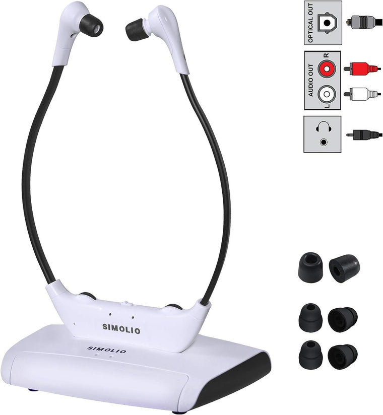 Casque sans fil longue portée SIMOLIO 30 m pour TV numérique et analogique, aide à l'écoute pour malentendants et seniors avec amplification de la voix, réglage de la tonalité et de la balance SM-823D Pro