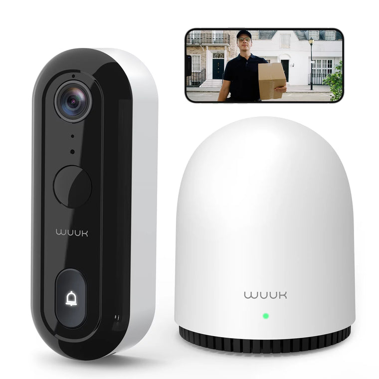 Sonnette vidéo sans fil WUUK 2K avec station de base et stockage local gratuit de 32 Go, sans frais mensuels, sonnette vidéo sur batterie, triple détection de mouvement, compatible avec Alexa et Google
