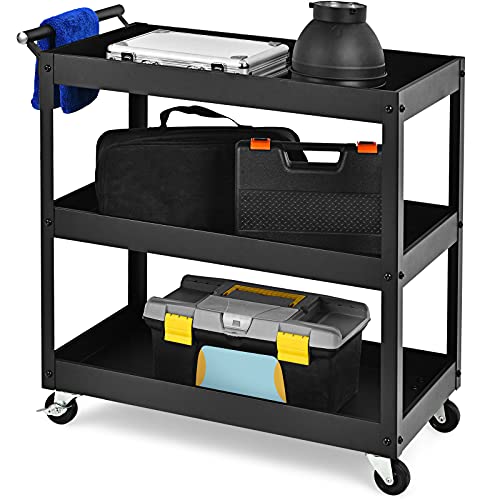 Chariot utilitaire à 3 niveaux Goplus, chariot de service commercial robuste avec roues verrouillables, capacité de charge de 150 kg, poignée ergonomique, chariot de rangement à outils mobile pour entrepôt et garage, noir