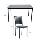 Ensemble de salle à manger 5 pièces, 1 table de cuisine et 4 chaises rembourrées, cadre en métal, plateau en verre trempé, noir
