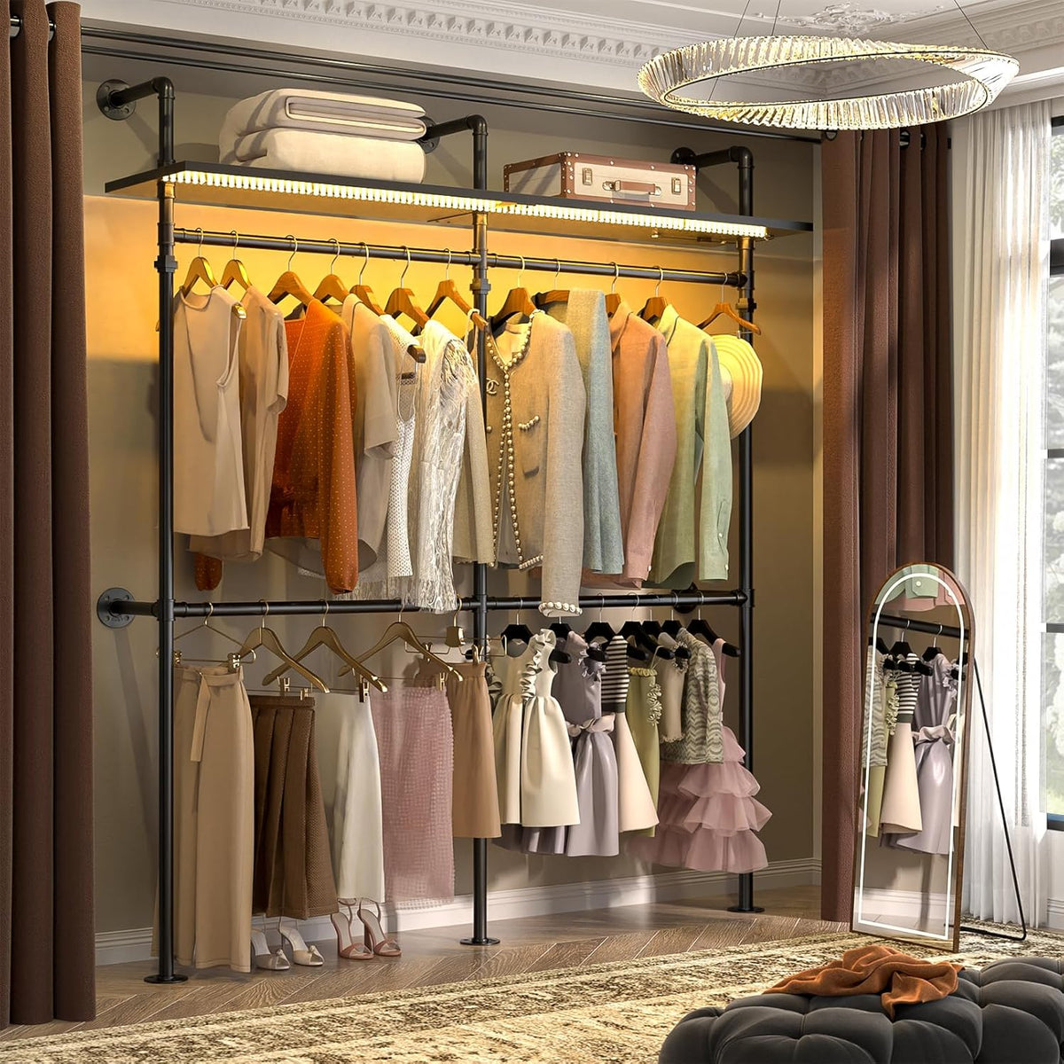 Portant à vêtements industriel Aheaplus, portant réversible de 202,4 cm pour suspendre les vêtements, penderie robuste avec lumières LED et étagères, système de dressing, noir