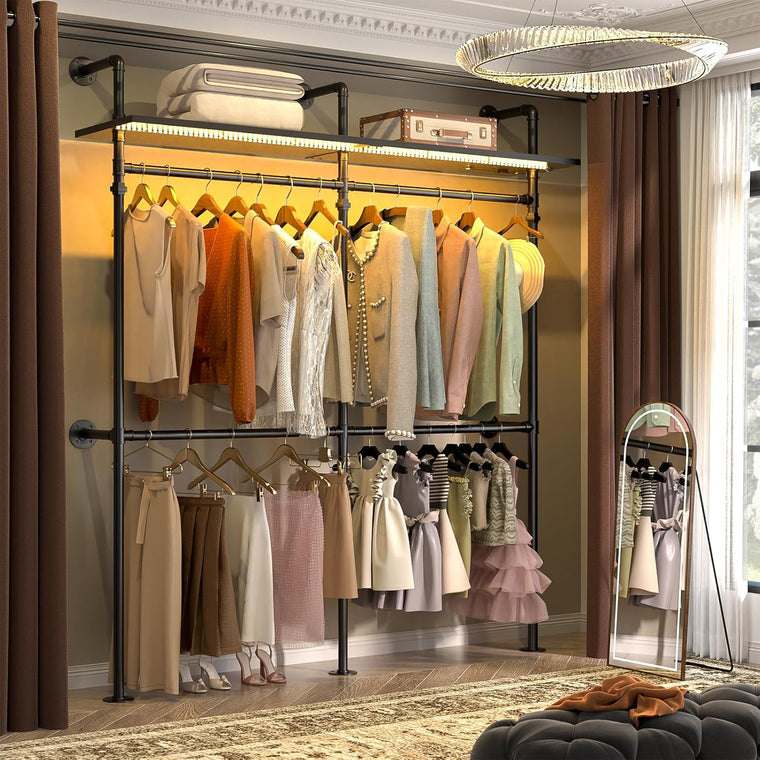 Portant à vêtements industriel Aheaplus, portant réversible de 202,4 cm pour suspendre les vêtements, penderie robuste avec lumières LED et étagères, système de dressing, noir