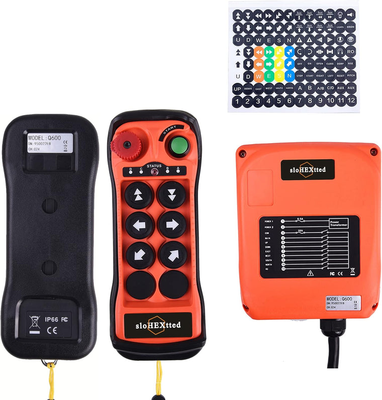 Radiocommande industrielle sans fil pour pont roulant, palan électrique et grue à tour, émetteur et récepteur, 12-24V AC/DC, 6 boutons avec arrêt d'urgence (12-24V AC/DC)