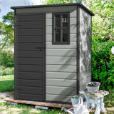 Abri de jardin extérieur en résine DWVO 1,5 x 0,9 m avec plancher, abri de rangement verrouillable et étanche avec fenêtre, rangement d'outils en plastique pour jardin, arrière-cour, terrasse, pelouse, gris