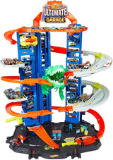Garage ultime Hot Wheels City Robo T-Rex, mode multi-niveaux et multi-jeux, peut contenir plus de 100 voitures à l'échelle 1:64, idée de cadeau pour les enfants de 3 ans et plus