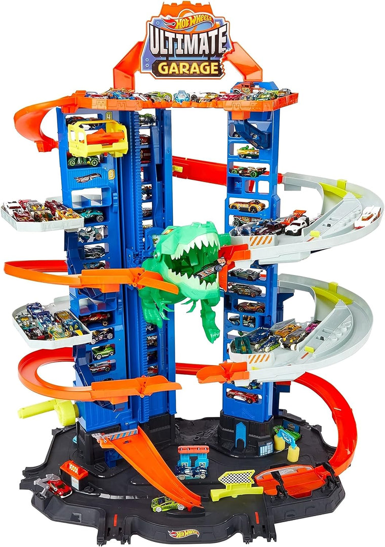 Garage ultime Hot Wheels City Robo T-Rex, mode multi-niveaux et multi-jeux, peut contenir plus de 100 voitures à l'échelle 1:64, idée de cadeau pour les enfants de 3 ans et plus