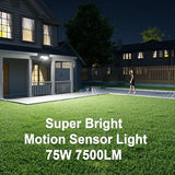 Projecteurs de sécurité 75W à détecteur de mouvement avec télécommande, 3 têtes, éclairage extérieur avec détection de mouvement, 6500K, IP65, 7500LM, projecteurs du crépuscule à l'aube pour cour, garage, porche et mur, lot de 2