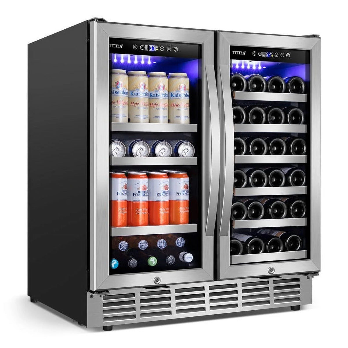 Cave à vin Tittla de 30 pouces, réfrigérateur pour vin et boissons à double zone, refroidisseur de vin sous comptoir ou autonome d'une capacité de 33 bouteilles et 80 canettes