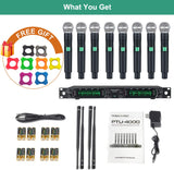 Système de microphone sans fil, ensemble de micros sans fil UHF à 8 canaux Phenyx Pro avec huit micros à main, fréquence fixe, construction entièrement métallique, longue portée de 80 mètres, idéal pour karaoké, église, événements (PTU-4000A)