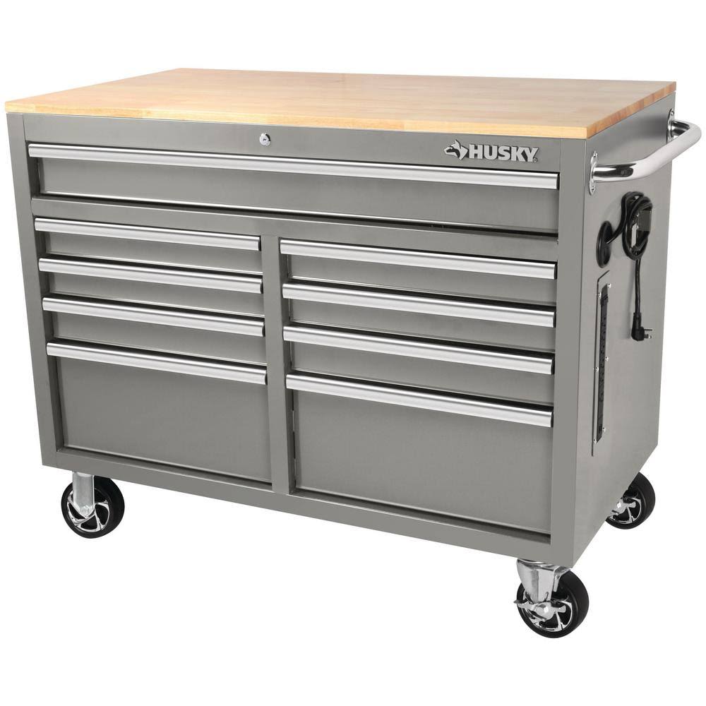 Établi mobile Husky de 46 po L x 24,5 po P à 9 tiroirs, gris brillant, avec plateau en bois dur