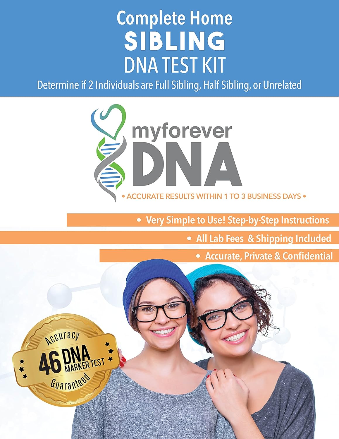 My Forever DNA – Kit de test ADN de fratrie incluant tous les frais de laboratoire et l'expédition au laboratoire, test de 46 marqueurs génétiques, précis et confidentiel