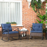 Ensemble de 3 chaises à bascule Outsunny avec coussins, ensemble bistro en osier, bleu foncé