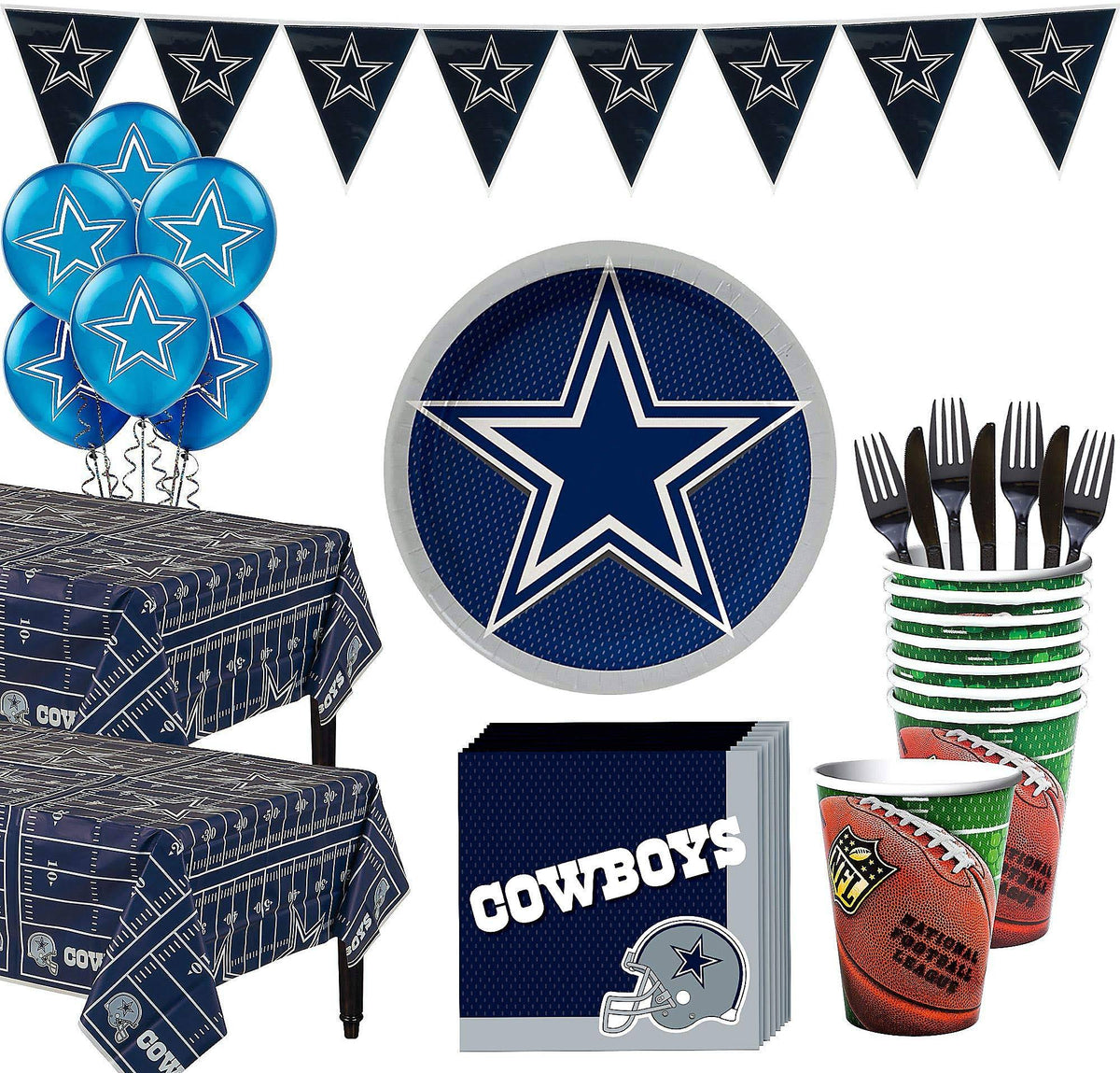 Fournitures de fête Dallas Cowboys de Party City pour 36 invités, incluant assiettes, serviettes, nappes et ballons