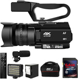 Caméscope 4K HD avec mise au point automatique, 48 MP, 60 FPS, zoom numérique 30X, fonction LED pour YouTube, batterie 4500 mAh avec stabilisateur portatif, télécommande, microphone et carte SD 64 Go