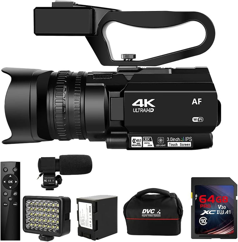 Caméscope 4K HD avec mise au point automatique, 48 MP, 60 FPS, zoom numérique 30X, fonction LED pour YouTube, batterie 4500 mAh avec stabilisateur portatif, télécommande, microphone et carte SD 64 Go