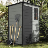 Abri de jardin extérieur en résine DWVO 1,5 x 0,9 m avec plancher, abri de rangement verrouillable et étanche avec fenêtre, rangement d'outils en plastique pour jardin, arrière-cour, terrasse, pelouse, gris