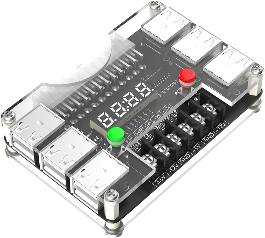 Nouvelle version de carte de dérivation d'alimentation ATX et kit de boîtier en acrylique avec tensions de sortie 3,3 V, 5 V, 12 V, -12 V et 12 ports USB, sortie maximale de 3 A