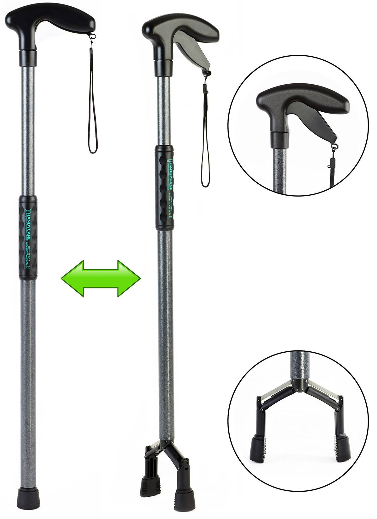 Canne de marche tout-en-un Handy Cane avec pince de préhension intégrée - Taille moyenne
