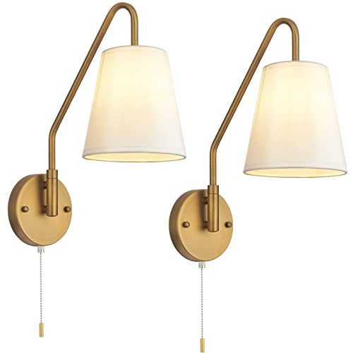 Appliques murales filaires PASSICA DECOR, lot de 2 avec chaînette de marche/arrêt, bras articulé noir mat, style vintage moderne, luminaire industriel avec abat-jour en tissu blanc pour chambre, ferme et salon