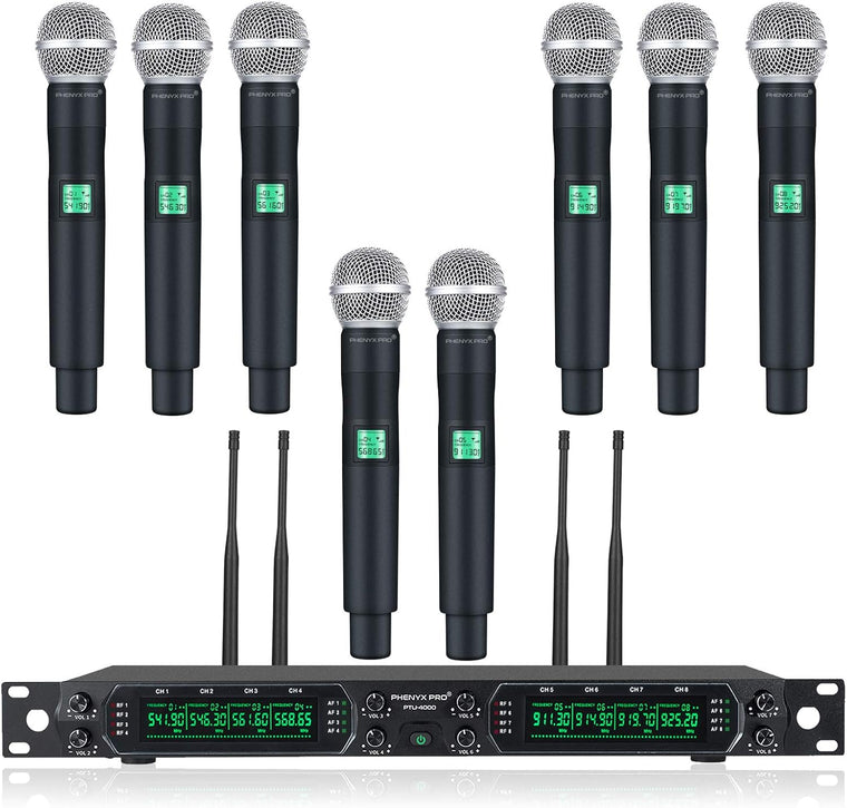 Système de microphone sans fil, ensemble de micros sans fil UHF à 8 canaux Phenyx Pro avec huit micros à main, fréquence fixe, construction entièrement métallique, longue portée de 80 mètres, idéal pour karaoké, église, événements (PTU-4000A)