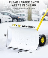 Pelle à neige avec roues Outvita, chasse-neige de 29 po de large et 18 po de long, angle et hauteur réglables, poignée rembourrée, outil de déneigement efficace pour allée ou trottoir (jaune)