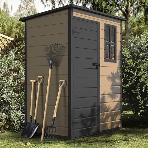 Abri de jardin extérieur en résine DWVO 1,5 x 0,9 m avec plancher, abri de rangement verrouillable et étanche avec fenêtre, rangement d'outils en plastique pour jardin, arrière-cour, terrasse, pelouse, gris
