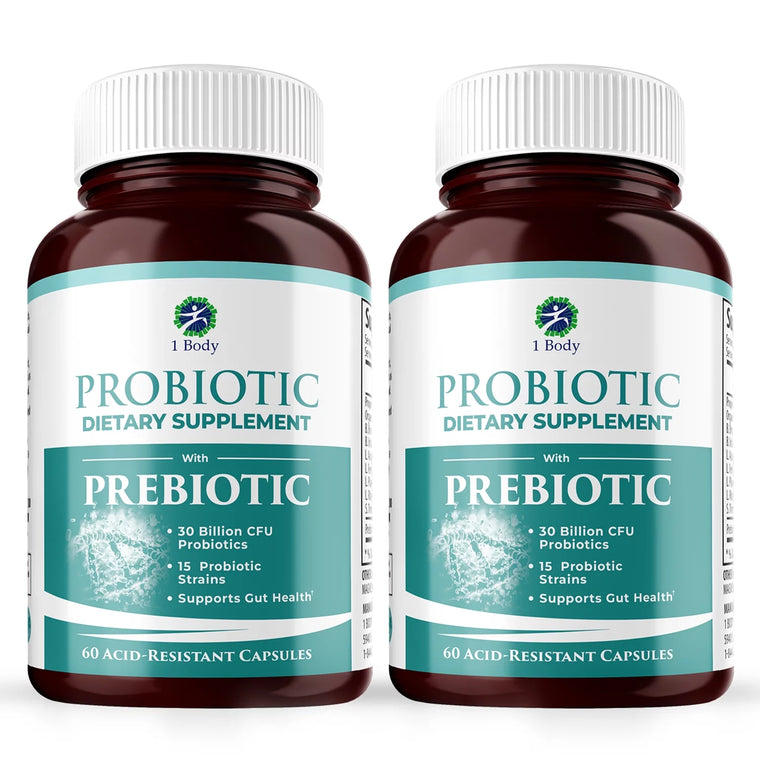 (2 flacons) 1 complément probiotique Body Probiotic 30 milliards d'UFC avec prébiotiques, 120 gélules végétaliennes résistantes à l'acidité pour favoriser la santé intestinale et soutenir le système immunitaire pour hommes et femmes