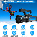 Caméscope 4K HD avec mise au point automatique, 48 MP, 60 FPS, zoom numérique 30X, fonction LED pour YouTube, batterie 4500 mAh avec stabilisateur portatif, télécommande, microphone et carte SD 64 Go