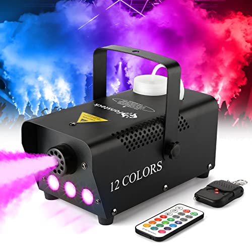 Machine à fumée – Machine à fumée avec 12 lumières LED colorées, 2000CFM pour Halloween avec télécommande filaire et sans fil, idéale pour l'extérieur, les mariages, les fêtes et les scènes de DJ