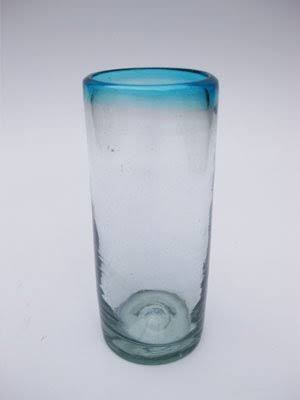 Lot de 6 verres highball en verre soufflé mexicain avec bord bleu turquoise