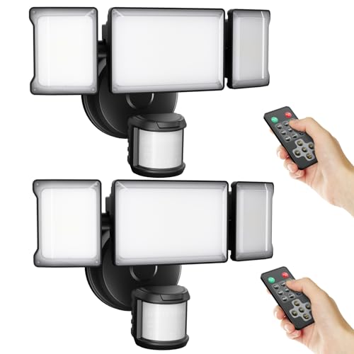 Projecteurs de sécurité 75W à détecteur de mouvement avec télécommande, 3 têtes, éclairage extérieur avec détection de mouvement, 6500K, IP65, 7500LM, projecteurs du crépuscule à l'aube pour cour, garage, porche et mur, lot de 2