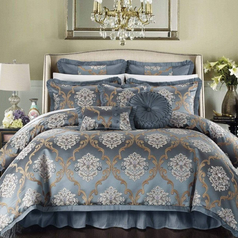 Ensemble de literie Chic Home Aubrey 13 pièces, édredon en jacquard à motifs volutes, bleu / très grand lit