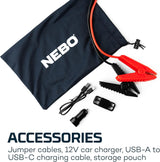 Démarreur de secours, batterie externe et projecteur 3-en-1 NEBO, kit d'urgence portable pour voiture et projecteur de 200 lumens pour rester prêt et en sécurité lors des situations d'urgence sur la route