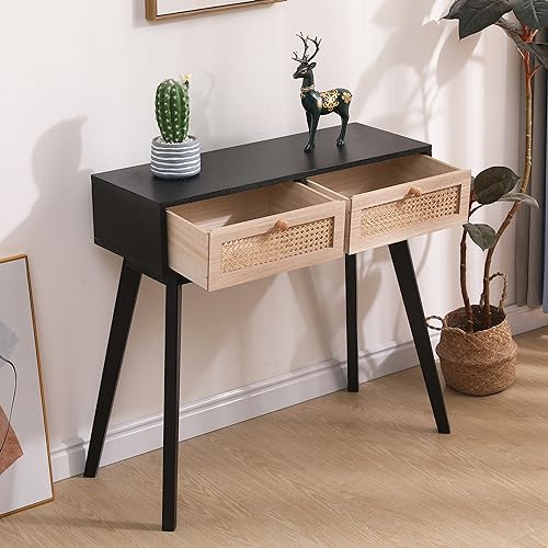 Table console en rotin, tables d'entrée, coiffeuse, commode en rotin, table de canapé en bois style ferme, table d'appoint étroite pour couloir, bureau, vestibule, 31 po (noir)