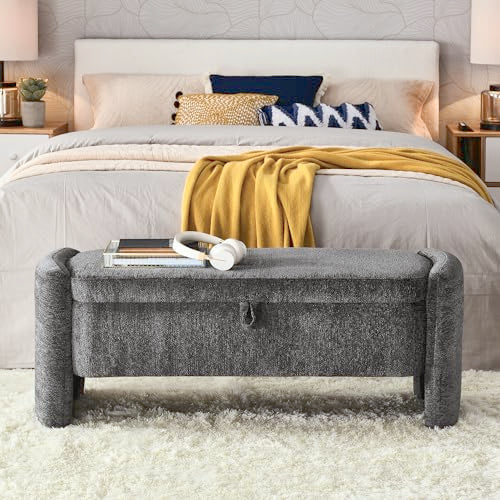 Banc de rangement pour chambre à coucher mikibama Teddy, bout de lit, pouf ottoman de 98,8 cm avec rangement, tissu sherpa, banc d'entrée avec pieds en métal doré