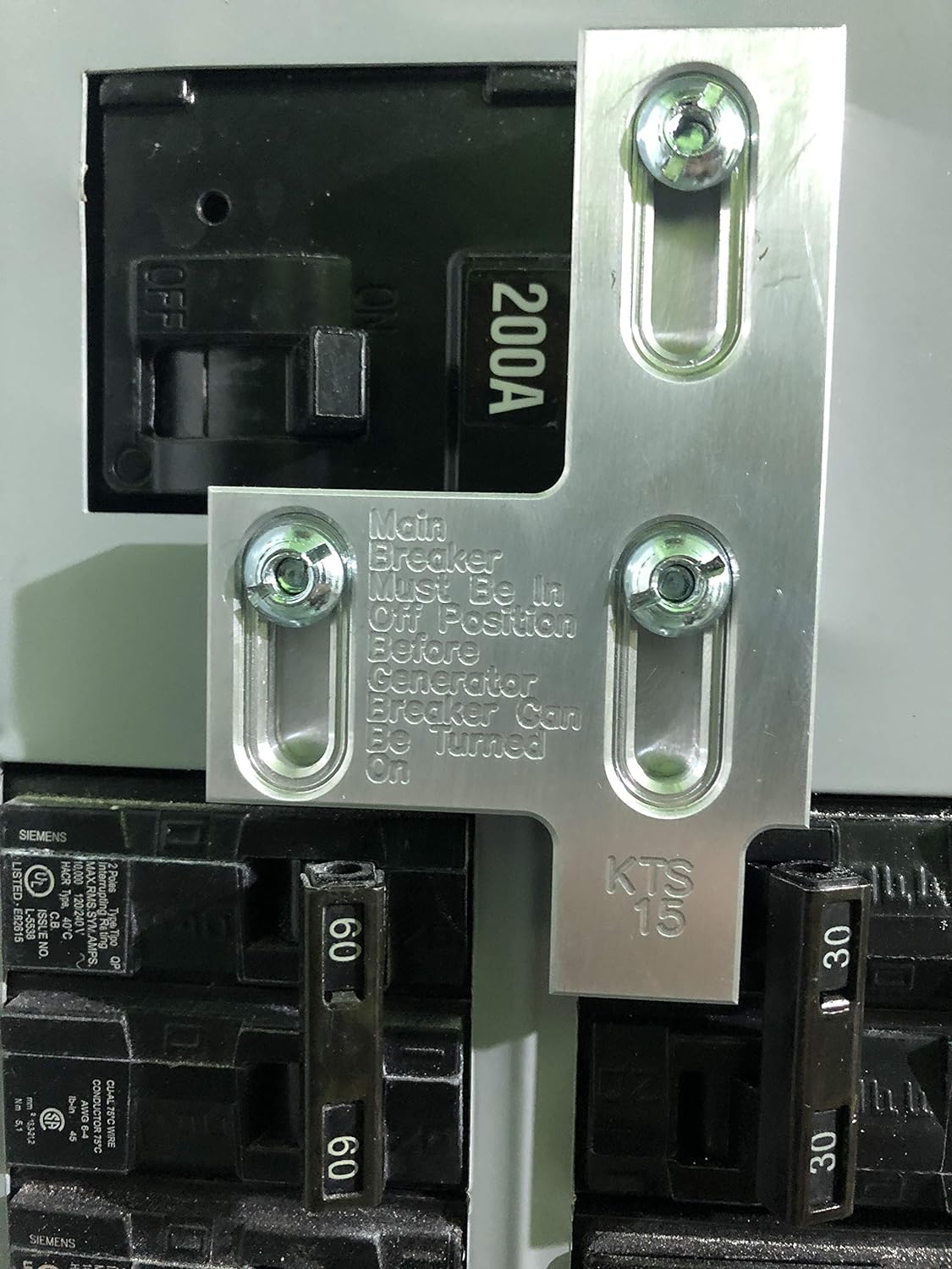 Kit de verrouillage de générateur pour panneau Siemens 200 ampères ou panneau Murray 200 ampères