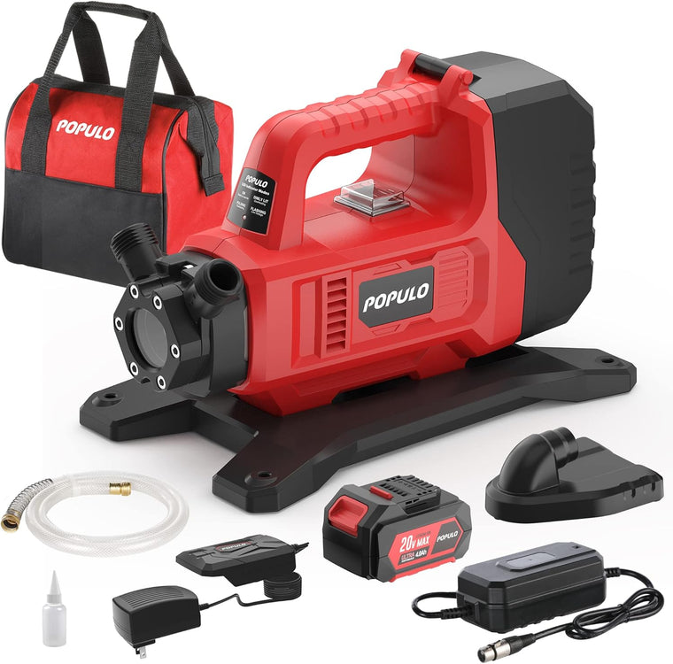 Pompe de transfert d'eau hybride POPULO, pompe utilitaire électrique portable 120 V CA ou 20 V CC 4 Ah 325 GPH 45 pi, pompe à eau électrique sans fil pour la maison, la piscine, le VR avec filetage de tuyau d'arrosage 3/4 po et filtre d'aspiration