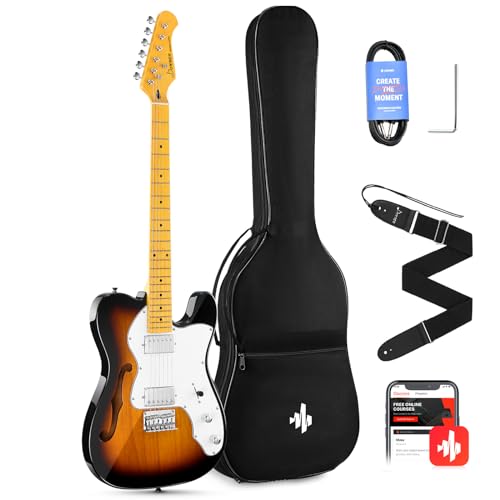 Guitare électrique Jazz Donner 39 pouces TL Thinline avec ouïe, format complet pour débutant, corps creux avec micros H-H, housse, sangle, câble, Sunburst (DJC-1000S)