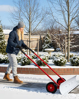 Pelle à neige avec roues Outvita, chasse-neige de 29 po de large et 18 po de long, angle et hauteur réglables, poignée rembourrée, outil de déneigement efficace pour allée ou trottoir (jaune)