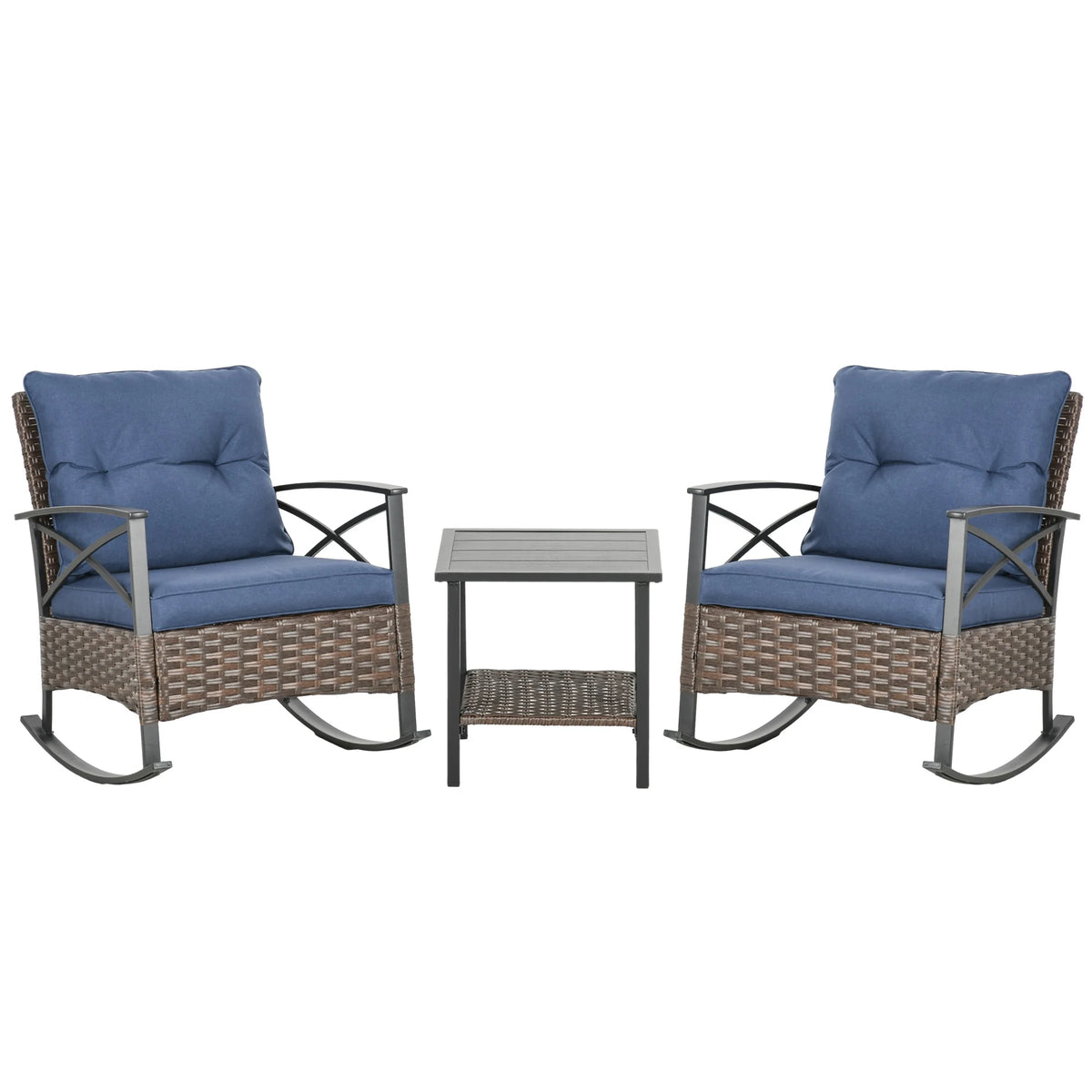 Ensemble de 3 chaises à bascule Outsunny avec coussins, ensemble bistro en osier, bleu foncé